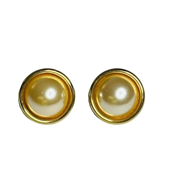 NEW Vintage Napier Earrings Gold Tone Faux Pearl Screw Back Clip Signed - Picture 1 of 6